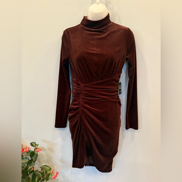 Express Velvet Ruched Mock Neck Mini Dress - XS - chocolate brown - Picture 5 of 11